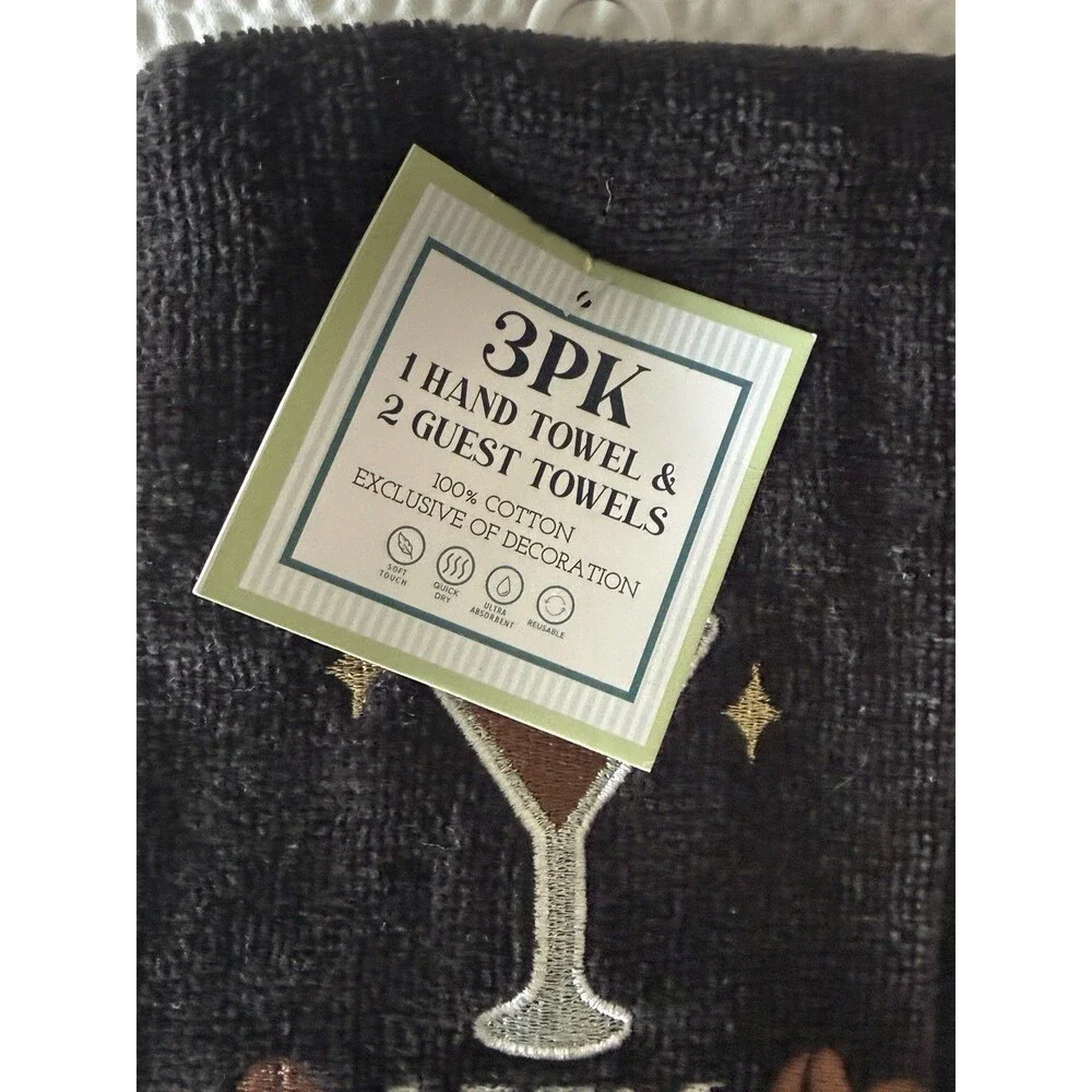 Let's Celebrate Fingertip Towels Hand Towel Set of 3 Black Martini Embroidered